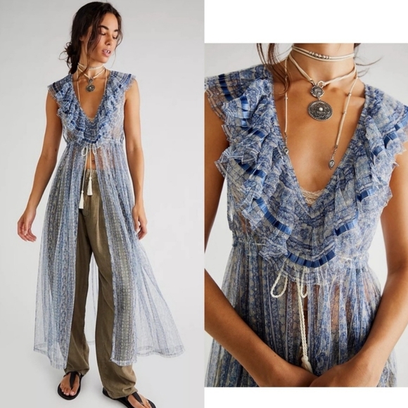 Free People In Paris Maxi Top Sheer Duster Blue - Picture 2 of 16